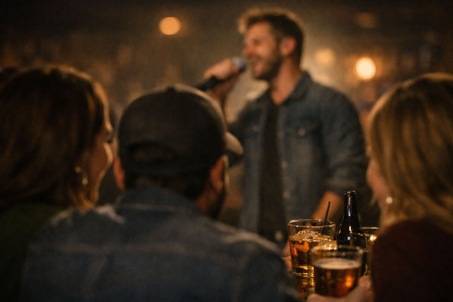 Karaoke night with singer and crowd at a bar