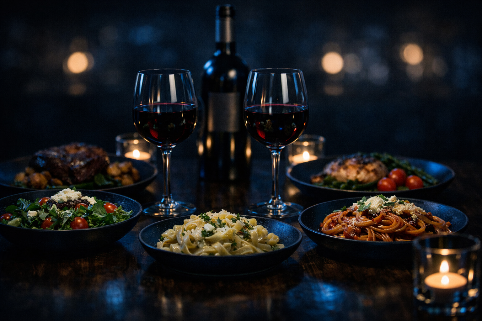 Romantic dinner for two with wine and Italian food
