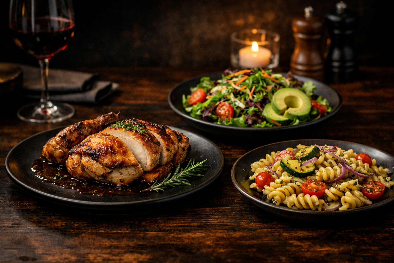 Roasted chicken with pasta and salad