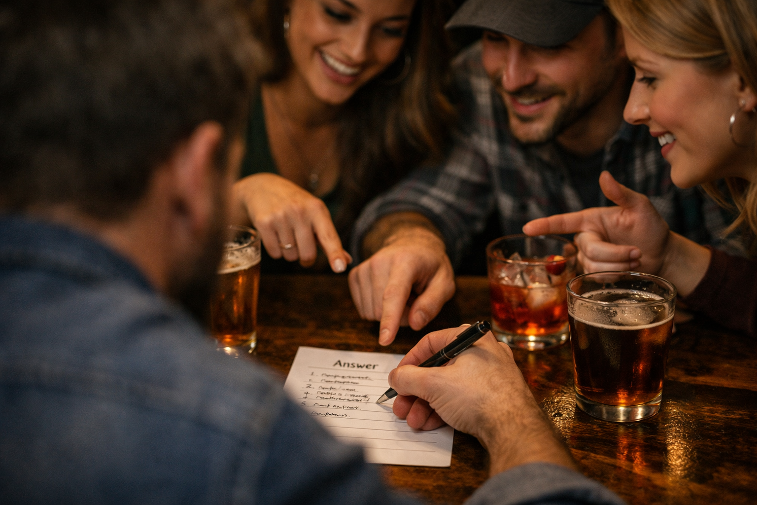 Friends enjoying trivia night at a bar
