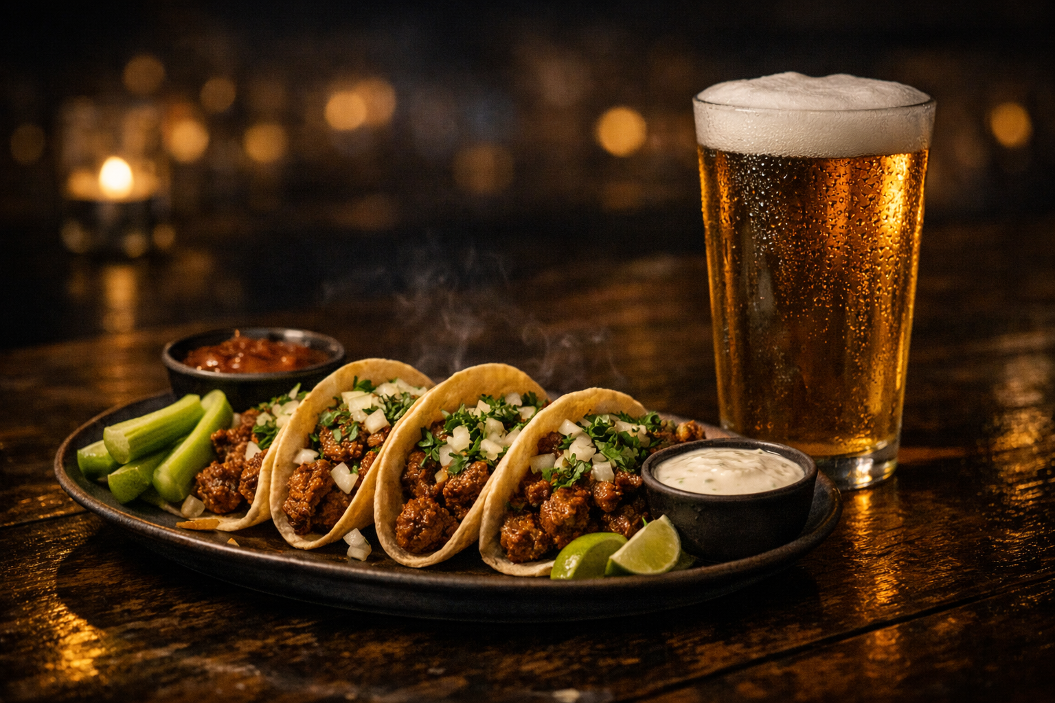 Tacos with fresh toppings and drinks