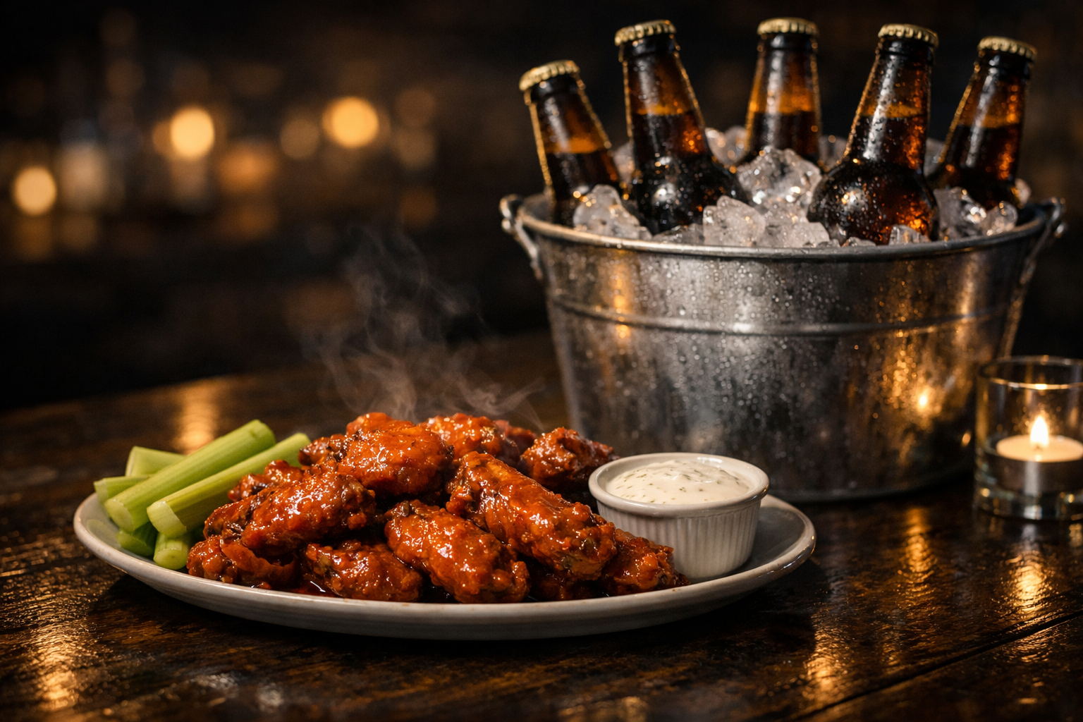 Crispy chicken wings with beer buckets